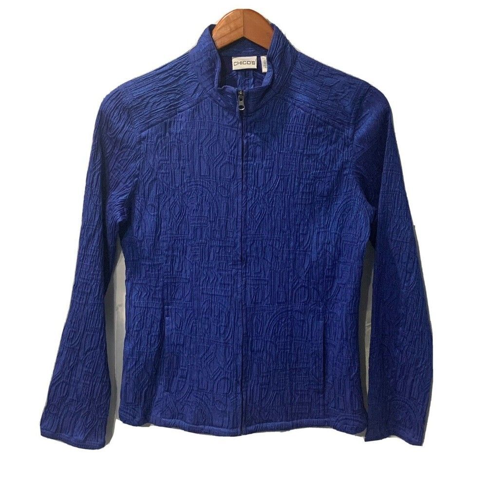 Chico's Women's Size 1 Embroidered Long Sleeve Full Zip Blue Jacket